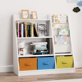 Unbranded 4-Tier Kids Sling Bookshelf with 3 Storage Bins, Nursery Book Shelves +3 Drawers