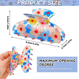 2PCS Flower Hair Claw Clips for Women and Girls, Floral Pattern Hair Clips Strong Hold Non-Slip Jaw Clip for Thick and Thin Hairs (Blue,Rose Red)
