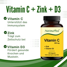 Vitamin C 600 mg with Zinc and Vitamin D3 - 120 Capsules - Immune System, Skin, Hair - High Dose, Vegan