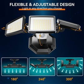PURICH LED Security Lights Motion Sensor Outdoor Lights, 5000K Daylight, IP65 Waterproof, Dusk to Dawn, 3-Head Motion Detected Flood Light for Garage, Yard, Porch
