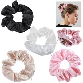 Nogeqi 4PCS Stash Scrunchie with Zipper Pocket, Hidden Pocket Scrunchies Ponytail Holder, Large Scrunchy Hair Ties with Hidden Pockets for Women Girls (Multi Colors)