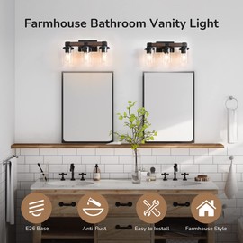EDISHINE Farmhouse Vanity Lights for Bathroom, 3-Light Bathroom Vanity Lights Over Mirror, Wall Sconce with Clear Glass Shades for Bathroom, Vanity Table, Living Room(E26 Base)