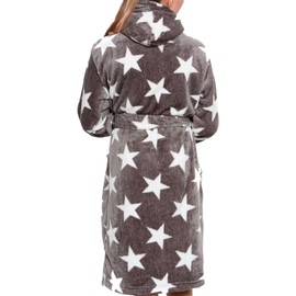 A2Z Womens Fleece Luxury Sherpa Hooded Dressing Gown Star Bathrobe Super Soft Robe Gift for Ladies Size 8 to 25 Grey
