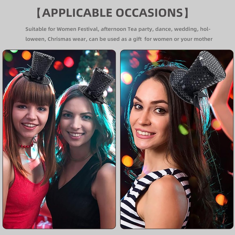 Cerchietto con mini cappello a cilindro, con paillettes, accessorio per
