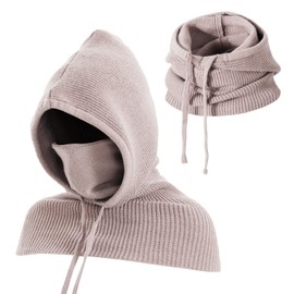 TAGVO Winter Knitted Hat and Scarf, 3-in-1 Hooded Scarf, One Piece Balaclava, Adjustable Windproof Face and Neck Warmer, Scarves for Men and Women Outdoor, beige