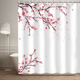 LIVILAN Cherry Blossom Shower Curtain Pink Floral Shower Curtain with 12 Hooks Sakura Fabric Bath Curtain Decorative Japanese Shower Curtain, 72" X 72"