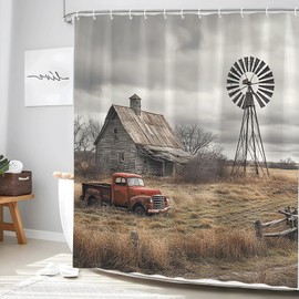Vintage Farm Truck Shower Curtain Rustic Wooden Barn American Old Antique Car Farmhouse Windmill Western Country Natural Scenery Polyester Bathroom Decor Curtains Set with Hooks 70Wx70H Inch