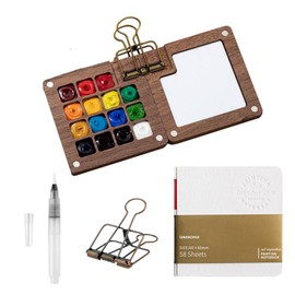 VARKAGE 15 Grids Wooden Mini Palette, Mini Watercolour Set with Binder Clips, Foldable Portable Pocketartist Travel Set with Watercolour Paper Journal, Watercolour Brush Pens and One Clip