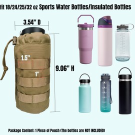 YOWDUTY Tactical MOLLE Water Bottle Holder, Upgraded Water Bottle Pouch with Drawstring Open Top & Mesh Bottom, 16/24/25/32oz Water Bottle Carrier Bag with D-Ring Hook for Backpack(Brown)