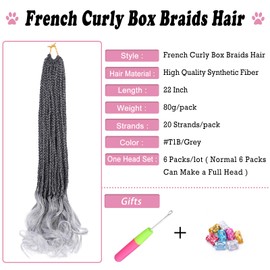 French Curl Crochet Braids 22 Inch 6 Packs Goddess Box Braids Crochet Hair Pre Looped French Curly Braiding Hair Crochet Box Braids With Curly Wavy Ends Synthetic Hair Extensions (#1B/Gray)