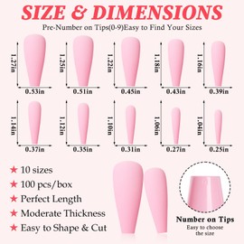 LuckForever 100pc Long Press on Nails Coffin Fake Nails Matte Coffin Press on Nails Medium Ballerina False Nail Soft pink Colored Full Cover Nail Tips Acrylic Presson Nail Women Girls Manicure DIY