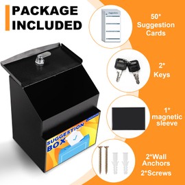 LINSIRON Magnetic Suggestion Box with Magnetic Sleeve,The Suggestion Box with Lock and 50 Free Suggestion Cards ,Black Metal Box,Donation Box,Letter box.