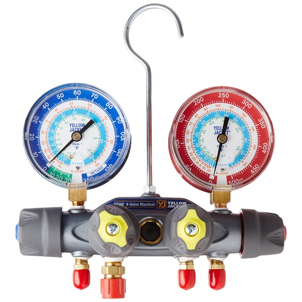 Yellow Jacket 49983 Manifold Only Degrees F, psi Scale, R-22/134A/404A Refrigerant, Red/Blue Gauges