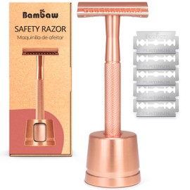Bambaw Bambaw Double Edge Safety Razor with Stand, Women Razor with 5 Double Edge Safety Razor Blades, Plastic Free Metal Razor – Rose Gold