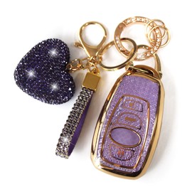 YIKECASE Key Fob Cover with Diamond Keychain Fit for Subaru Car Key Holder Compatible with Subaru Forester Outback BRZ Legacy CrossTrek Smart Remote Key Protector for Women, 4 Buttons (Purple-Heart)