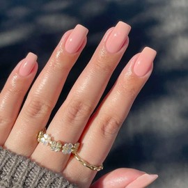 KXAMELIE Baby Pink Press on Nails Medium Coffin Gel Natural Solid Fake Nails Acrylic Adjust Medium Square Neutral Reusable Glue on Nails Daily Use