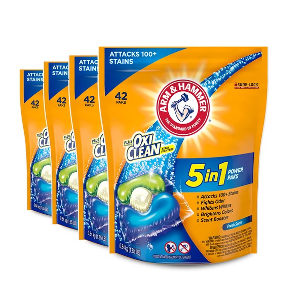 ARM & HAMMER Plus OxiClean 5-in-1 Liquid Laundry Detergent Power Paks, High Efficiency (HE), 42 Count (Pack of 4)