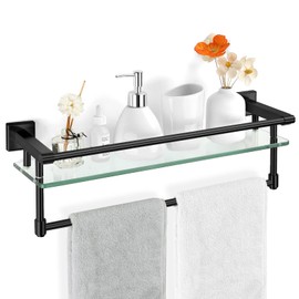 SFGSOWOR Bathroom Glass partition Shelf SUS304 Stainless Steel Towel bar/Rail Towel Rack Wall-Mounted Tempered Glass Stainless Steel Super Heavy-Duty Storage Rack (Matte Black)