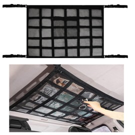 Upgrade Car Ceiling Cargo Pocket Storage Net, 90 X 65cm Adjustable Double-Layer Mesh Car Roof Luggage Bag Organizer Universal Car Stretchable Cargo Netting for Tents, Quilts, Toys and Sundries