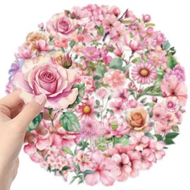 Transparent Flower Stickers for Scrapbooking 50pcs Aesthetic Pink Flowers Stickers Pack for Kids Girls & Adults Cute Craft Sticker for Water Bottle Journaling Scrapbooking Laptop (F)