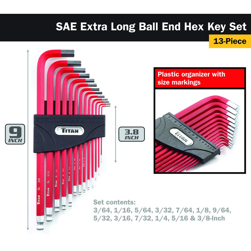 Titan 12713 Extra-Long Arm Ball Tip SAE Hex Key Set,