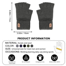 AYPOW Fingerless Gloves for Men and Women, Winter Thermal Knitted Gloves with Fleece Lining, Warm Half Finger Gloves, Driving, Work, Typing, Writing Gloves, Mittens, Unisex Gifts, darkgray