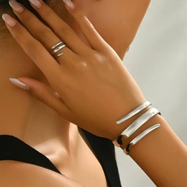 Silver Chunky Bangle Bracelets for Women Trendy Wide Cuff Bangles Bracelet and Ring set Open Non Tarnish Gold Rings Stack Wrap Bracelet Dainty Snake Jewelry set for Mother's Day Wedding Birthdays (Silver)