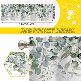 Curtain Valances for Windows,Green Eucalyptus Leaves Semi Sheer Valance Curtains,Watercolor Botanical Leaves Window Valance Curtains,Short Rod Pocket Window Treatment for Kitchen Living Room 42"x12"