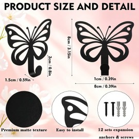 Zckjnoi 6 Pack Butterfly Wall Hooks, Decorative Black Metal Butterfly Wall Decor for Bathroom Bedroom Kitchen Entryway, Cute Wall Mounted Towel Coat Hooks for Hanging Hat Key Purse Mug Robe and Bag