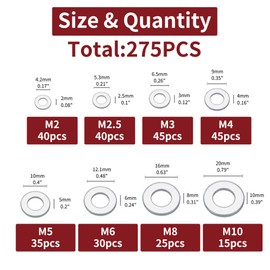 AIMUNOK 275pcs White zinc Plating on Carbon Steel Flat Washers Set Big Plain Washers Gaskets M2 M2.5 M3 M4 M5 M6 M8 M10 Metal Fasteners Kit
