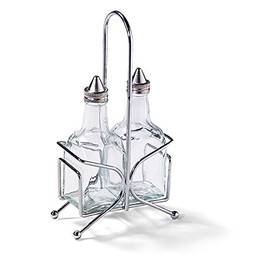 Tablecraft H600N2 La Moderna Salad Dressing Set of Glass Stainless Steel Tops Chrome Plated Rack (6 Pack), 6 oz, Green