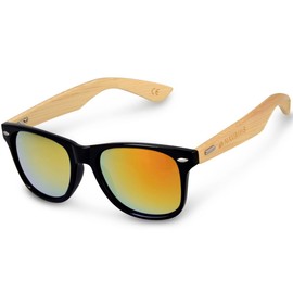 Navaris UV400 Wooden Sunglasses Unisex Men and Women Glasses with Bamboo Arms Wooden Glasses with Case Various Colours - Black / Yellow