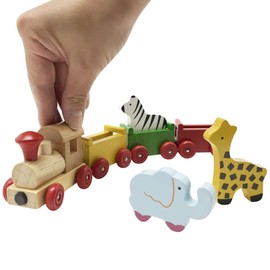 Wooden Connected Train, Wooden Train, Train, Animal, Locomotive, Connected Vehicle, Magnet, Set of 4, Wooden (4 Rows Animal Train)