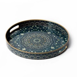 Fuukou Round Serving Tray with Handles - Round Ottoman Tray Round Coffee Table Tray,Round Plastic Serving Tray,Dark Blue Boho Tray for Bathroom,Kitchen and Bedroom