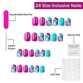 Summer Press on Nails Short Square SWEKKE Beach Fake Nails Cute False Nails with Coconut Tree Palm Seagull Designs Pink&Blue Glossy Glue on Nails Hawaii Acrylic Nails for Women Girls 24Pcs
