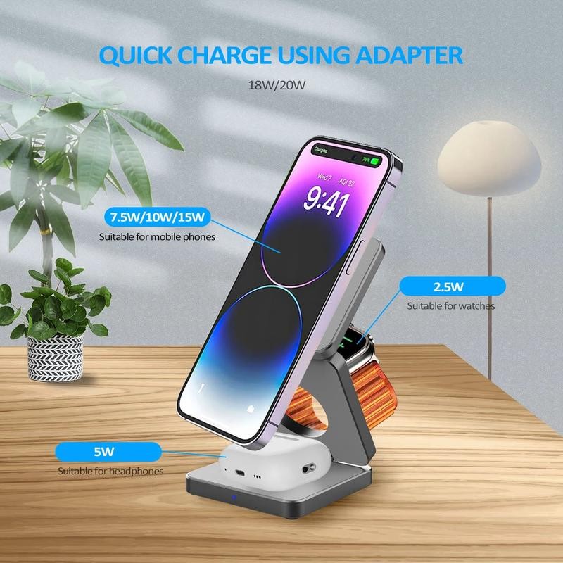 3 in 1 Magnetic Wireless Charger Foldable - Color: Gray