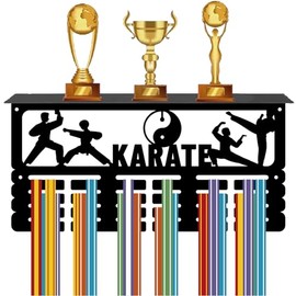 CREATCABIN Karate Medal Hanger Display Trophy Shelf Medal Holder with Shelf Stand Sports 4 Rows Hanging Wall Mount Frame for Running Competition Ribbon Rack 15.7x7.9Inch
