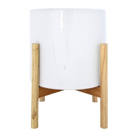 Creative Co-Op Round Stoneware Planter on Wood Holder (Set of 2 Pieces/Holds 10" Pot), Model Number: DF2970