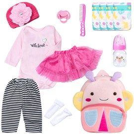 13 Pcs Reborn Baby Doll Clothes for 17-22 Inch Newborn Baby Doll Clothes Pink Butterfly Backpack Accessories Doll Diaper Set Girl Gift Set