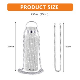 HAPPOW 25oz Sparkly Water Bottle,Diamond Metal Water Bottle with Chain, Diamond Water Bottle for Women, Bling Water Bottle Rhinestone, Insulated and Refillable(Silver)