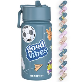 BEARFOOT Children's Stainless Steel Water Bottle with Straw - Thermos Flask 400 ml - BPA Free - Leak-Proof - Toddlers, Girls and Boys Water Bottle for School, Nursery (Blue - Sticker)