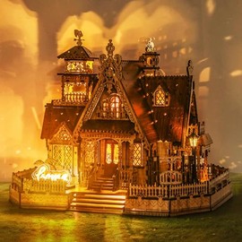 FUNPOLA Rompecabezas de madera 3D modelo de casa de campo – Kit de construcción en miniatura con luces LED de chispa – Arquitectura rural para manualidades, decoración del hogar, regalo para adultos