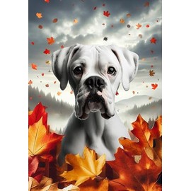 Boxer White Uncropped - Best of Breed Fall Leaves Outdoor Garden Flag 12" x 17" Mailbox Flag Dog Flag