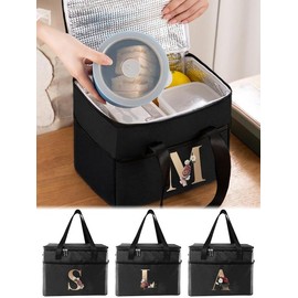 Letter A-z & Floral Pattern Lunch Bag, Waterproof Insulated Lunch Bag, Portable Lunch Box Bag for Travel & Commuting & School & Picnic & Camping, Fall Outfits, Fall Freshness - Color: Black, Size: Letter-U