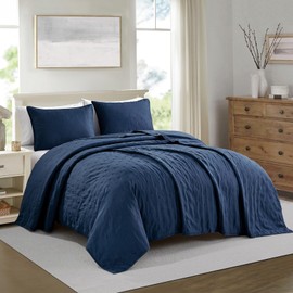 BOURINA Ultrasonic Quilt Set 3-Piece Full/Queen Bedding Set Pre-Washed Microfiber Ultra Soft Lightweight Star Bedspread Coverlet Set for All Season, Navy
