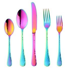 Bisda 5-Piece Rainbow Silverware Flatware Set Service for 1 Stainless Steel Cutlery Set Include Dinner Knife Table Fork Table Spoon Salad Fork Tea Spoon for Wedding, Dishwasher Safe