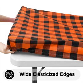 Smiry Rectangle Picnic Table Cloth, Elastic Waterproof Fitted Vinyl Tablecloth for 8 FT Tables, Flannel Backed Buffalo Plaid Table Covers for Dining, Camping, Outdoor (Black and Orange, 30" x 96")