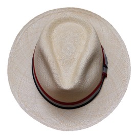 Borges & Scott - Teardrop Fedora Panama Hat - Natural Straw with Antique Red, White and Blue Band - 60cm