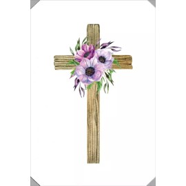 Pictura Simple Wood Cross with Purple Flowers Religious Easter Card