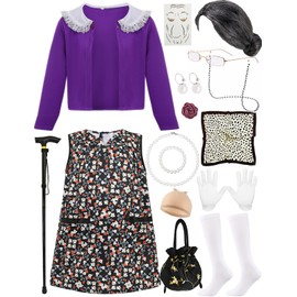 Old Lady Costume for Kids 5T Girls Grandma Costume Dress Up Set 100th Day of School Outfit Old Person Granny Cosplay Nightgown with Accessories Wig Cane Necklace Glasses Handbag ZF026M
